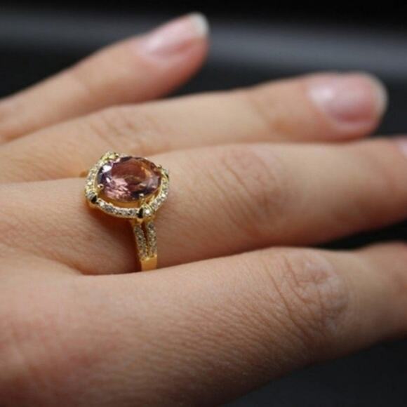 Pigeon Egg Morganite Ring 925 Sterling Silver Synthetic 18k Yellow Gold/Pink 8 - Picture 7 of 8